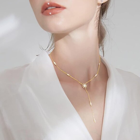 925 Sterling Silver Star Y Necklace for Women Teens CZ Star Necklace Choker Neck - Picture 2 of 7